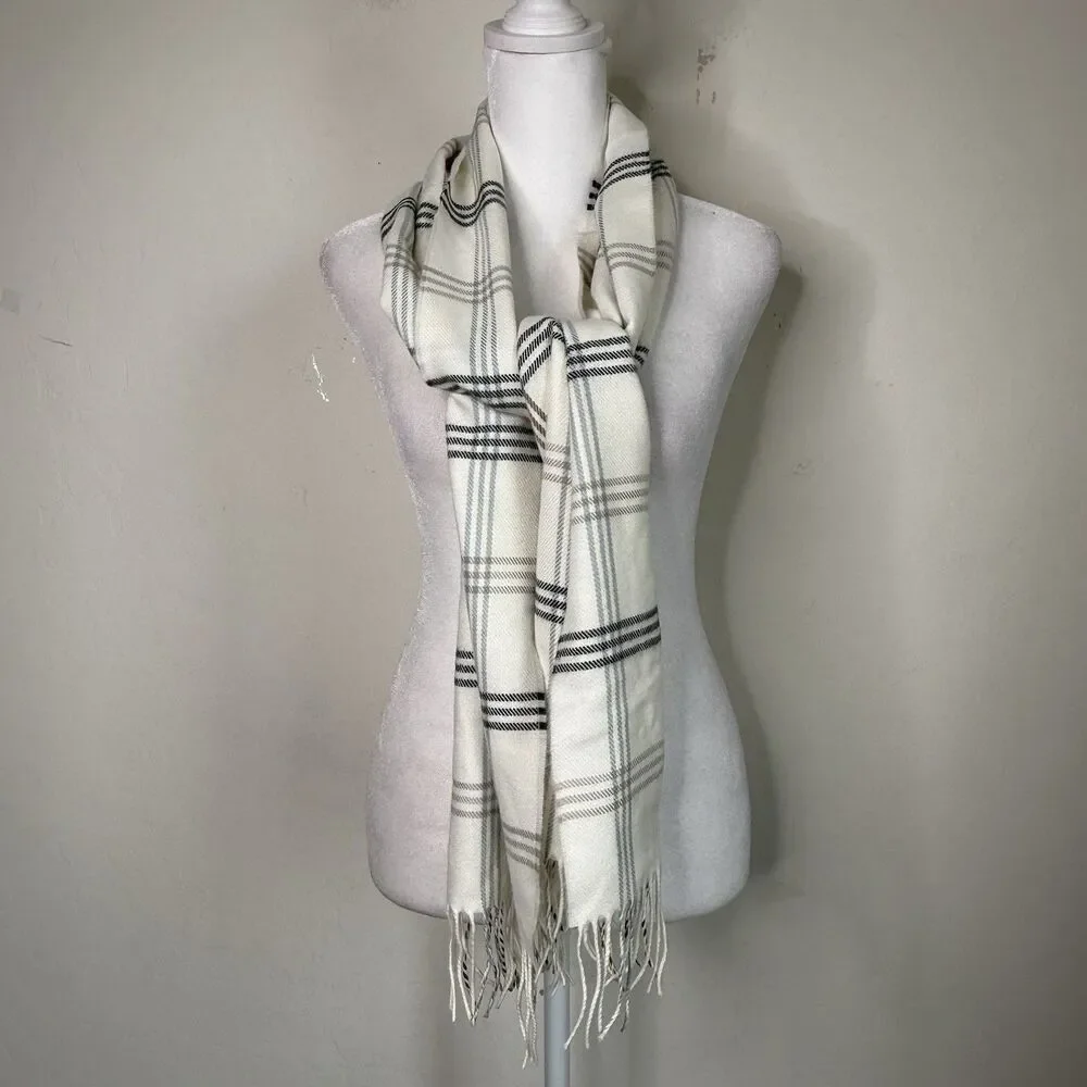 100% Cashmere Scotland Made Ivory Plaid Check Fringe Scarf Quiet Luxury Cozygirl